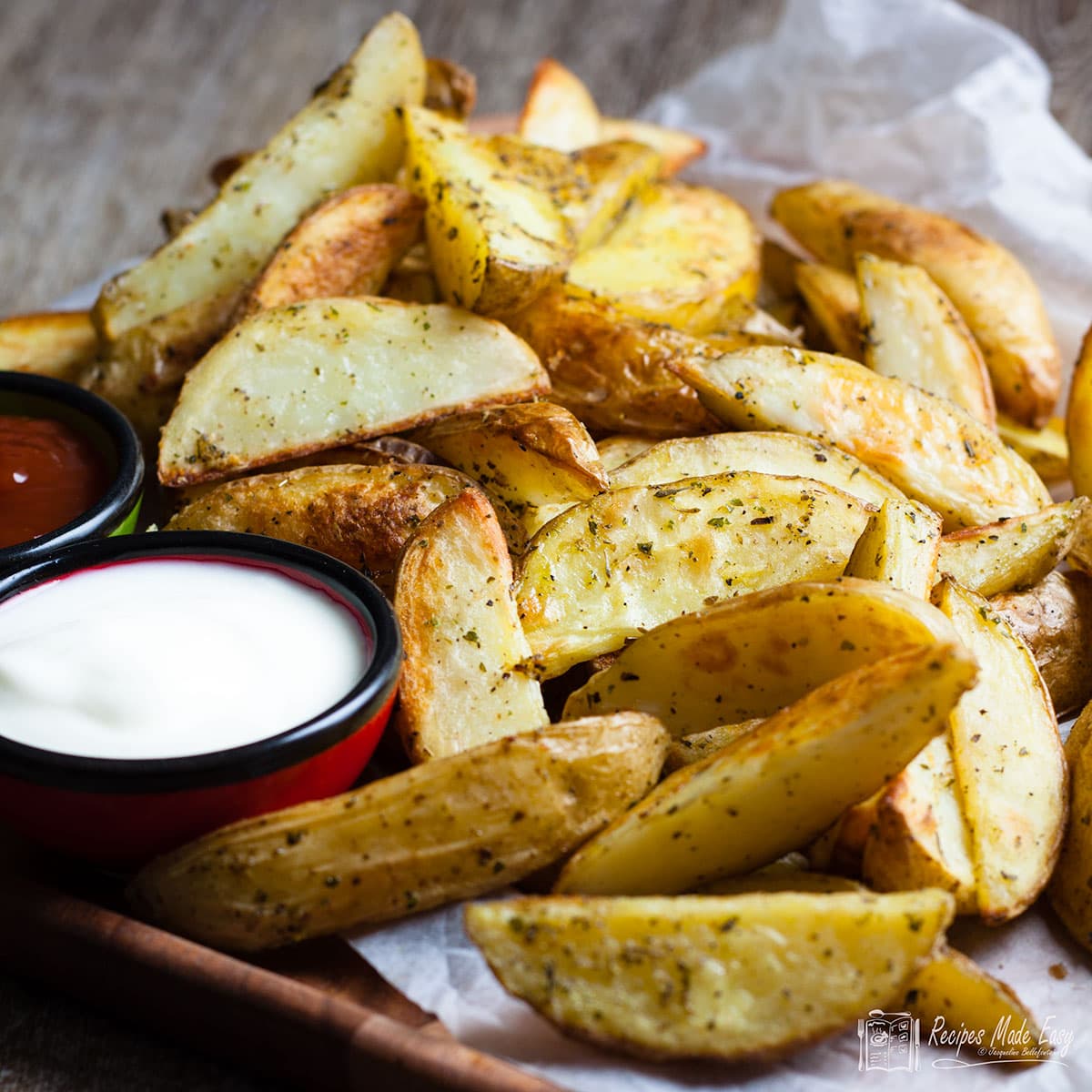 oven roasted chips on a board with ketchup and mayonnaise