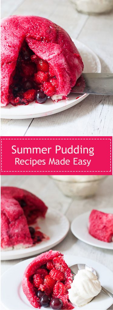 whole summer pudding with slice removed plus serving of summer pudding