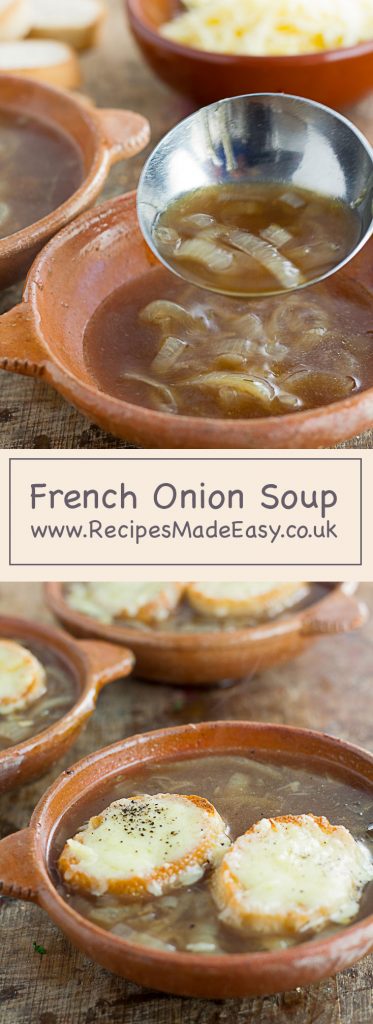 French onion soup being spooned into a bowl with recipe title and finished bowl of soup below.