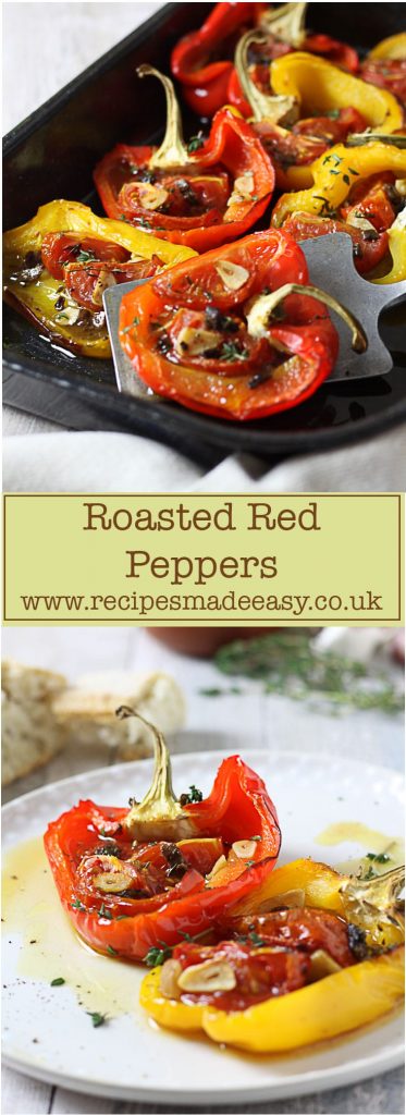 roasted peppers in roasting tin and plated