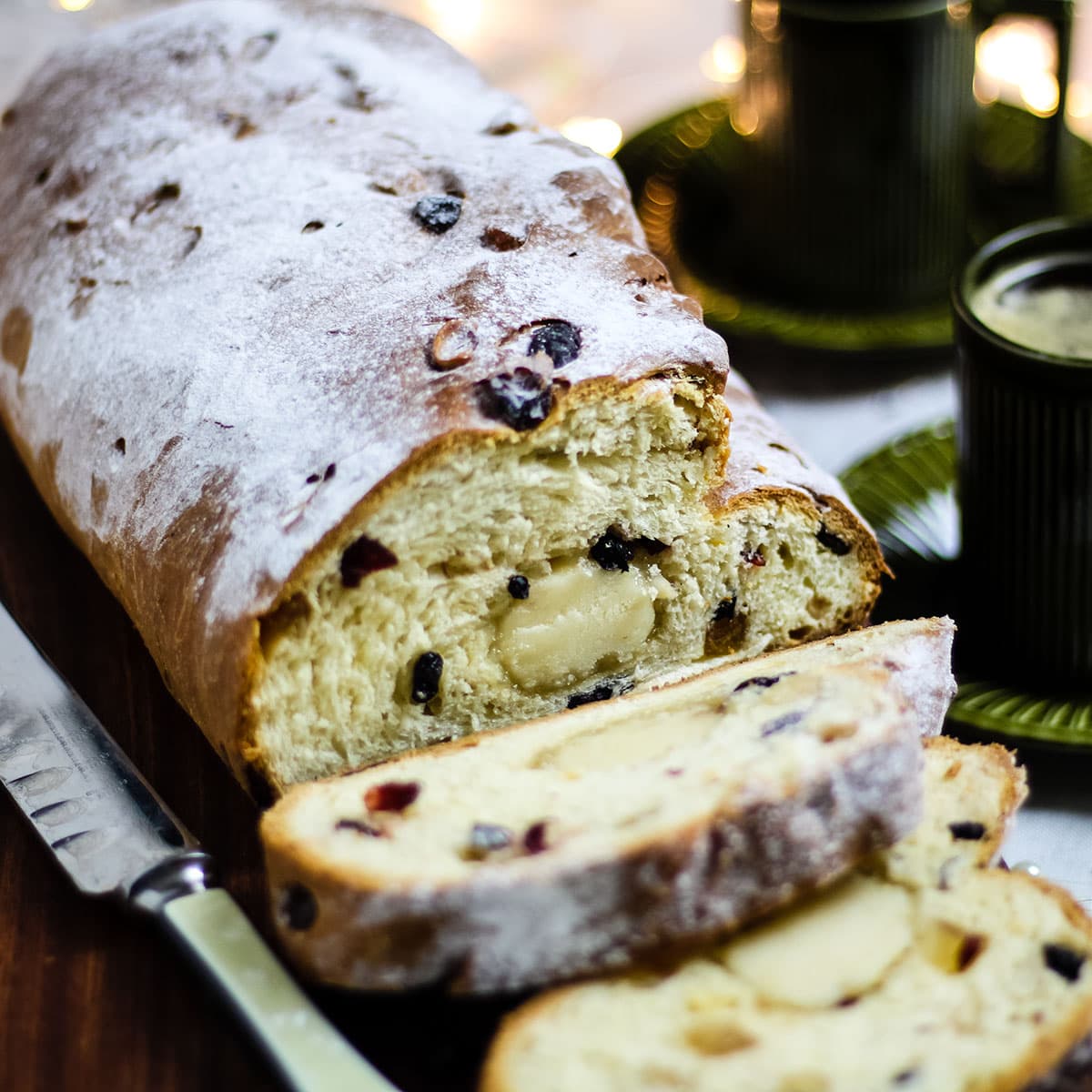 sliced stollen on board.