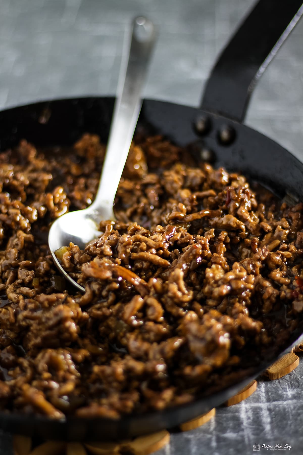 asian inspired spicy pork mince  in a pan
