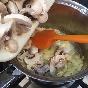 Cook the onions until softened, then add the mushrooms. deep filled chicken and mushroom pie by recipesmadeeasy.co.uk