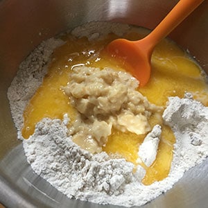 Add the mashed banana. Recipes Made Easy - Banana and pecan Muffins step by step - recipesmadeeasy.co.uk