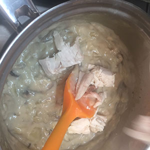 Allow to cool, stirring occasionally, then stir in the chicken. deep filled chicken and mushroom pie by recipesmadeeasy.co.uk