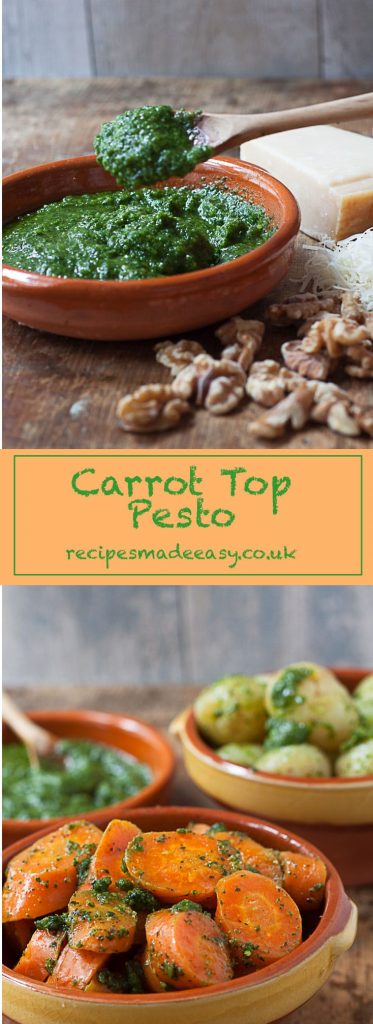Carrot top pesto by recipes made easy in a bowl and tossed with carrots and potatoes