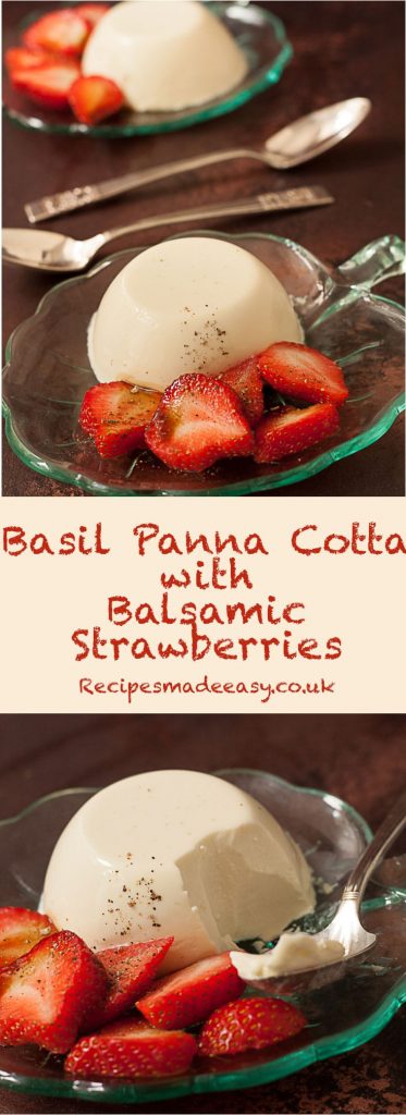 composite shot of basil panna cotta with balsamic strawberries by Recipes Made Easy.