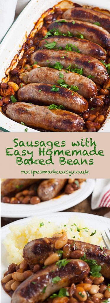 Sausages with easy homemade baked beans shown in baking dish and plated.