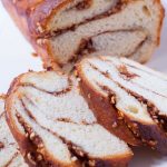 close up of cinnamon and nut babka, sliced.