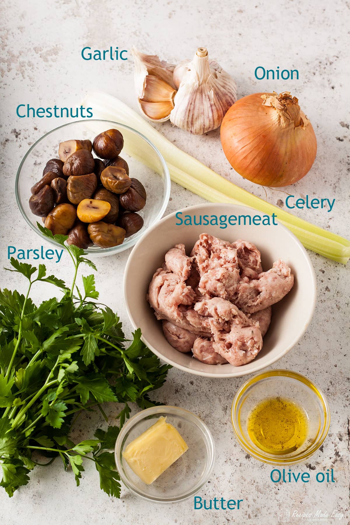 Ingredients for chestnut and sausagemeat stuffing.