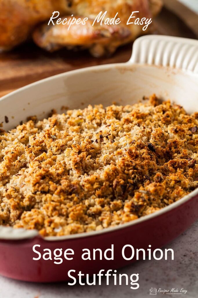 sage and onion stuffing in roasting dish.