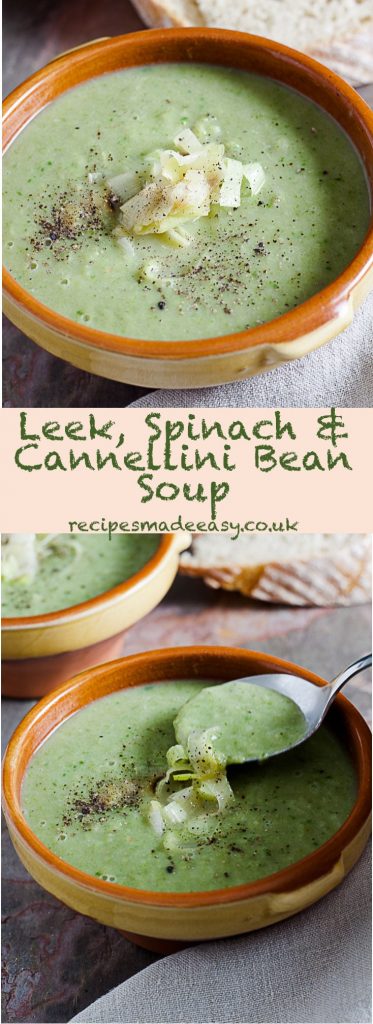 close up and picture of two bowls of leek, spinach and cannellini bean soup by recipes made easy