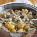 Close up of the casserole dish with creamy mustard chicken