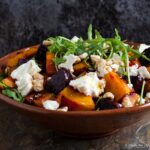beetroot squash and feta salad in a serving bowl.