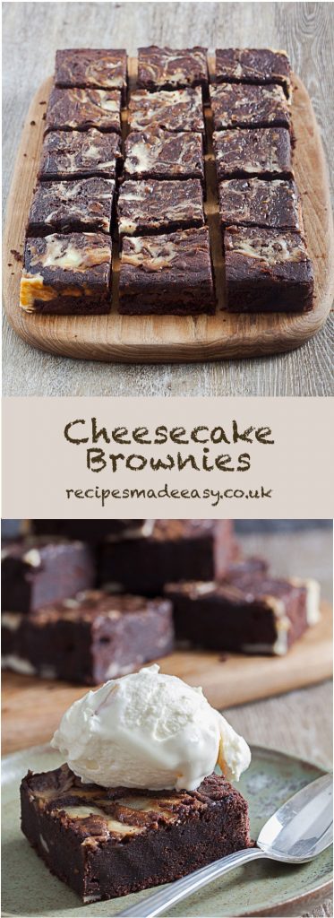 cheesecake brownies on board and serving of brownie with ice cream on top