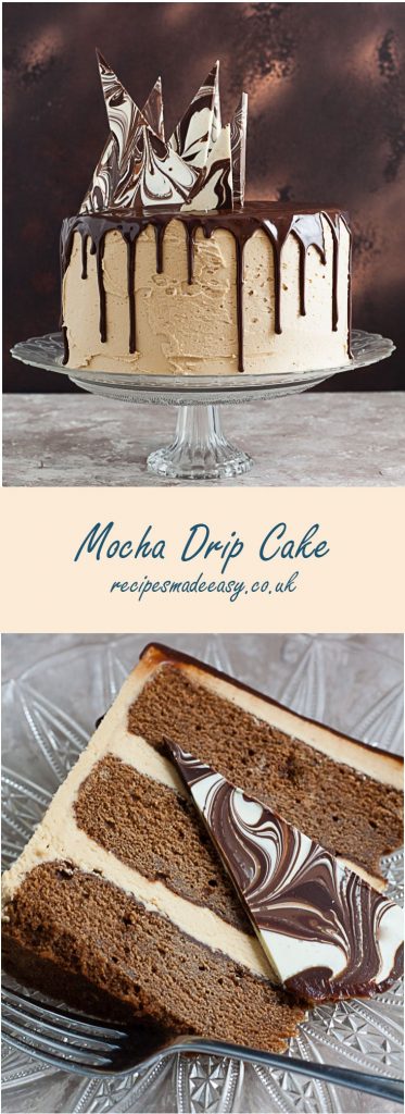 double picture of whole mocha drip cake on stand and slice on a glass plate