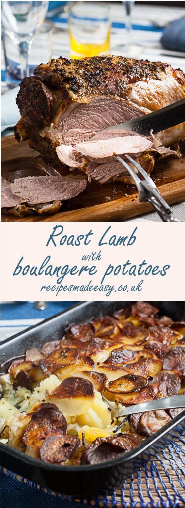 lamb being carved and dish of potatoes