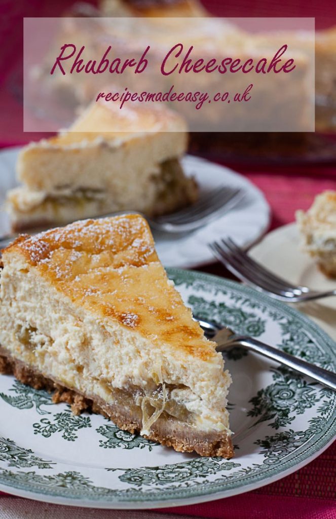 closeup of one portion of rhubarb cheesecake with more slices in the background