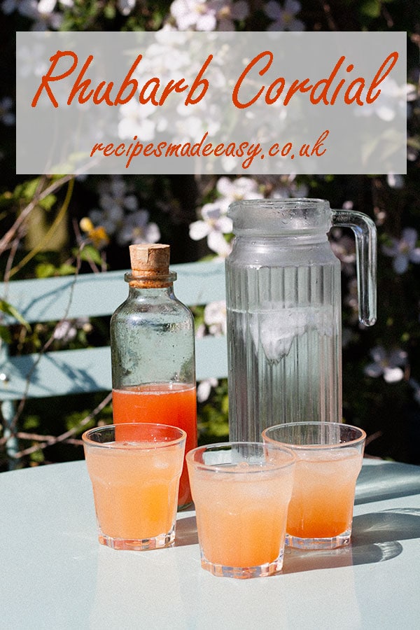 jug of water, bottle of cordial and three glasses of rhubarb cordial on a garden table