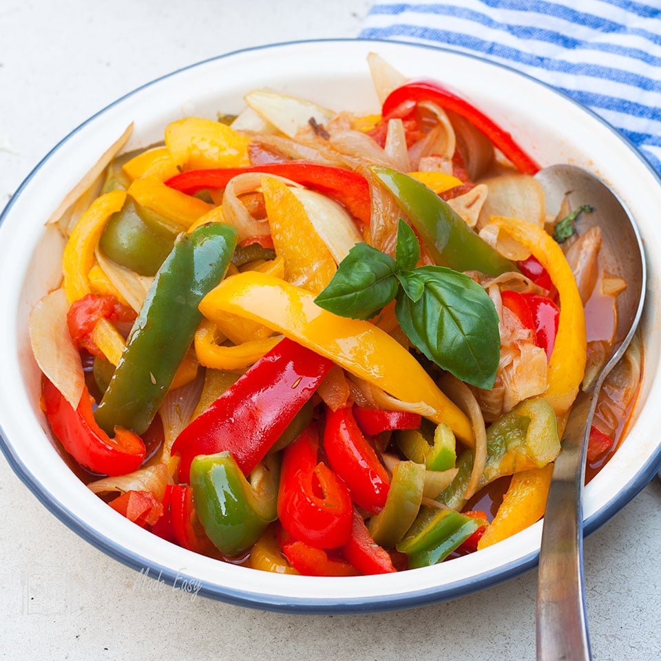 closeup of bowl of chunky peperonata