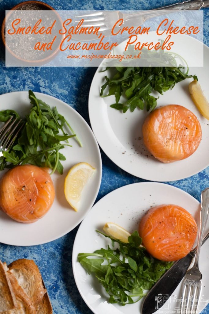 3 plates of salmon cream cheese and cucumber parcels with rocket and lemon garnish