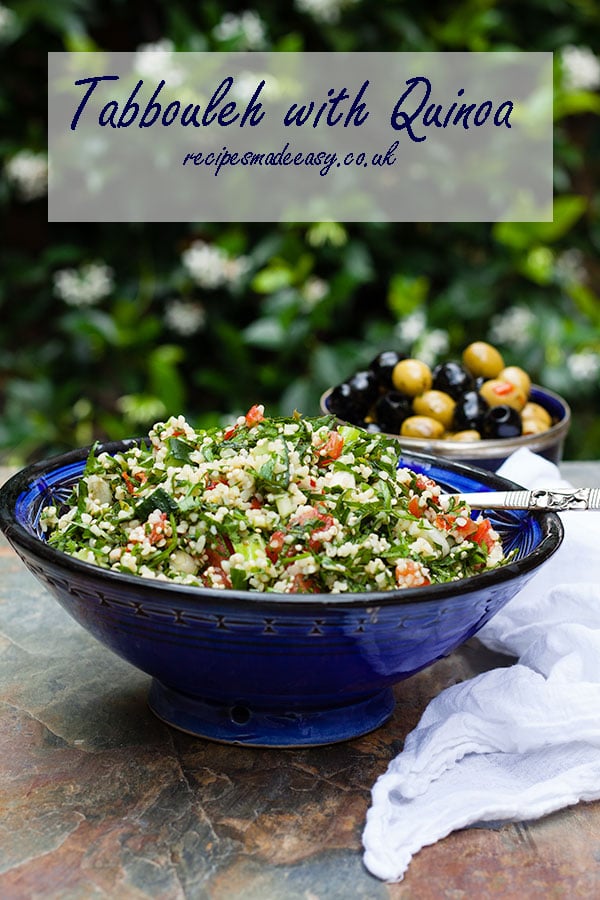 bowl of tabbouleh with quinoa and text overlay