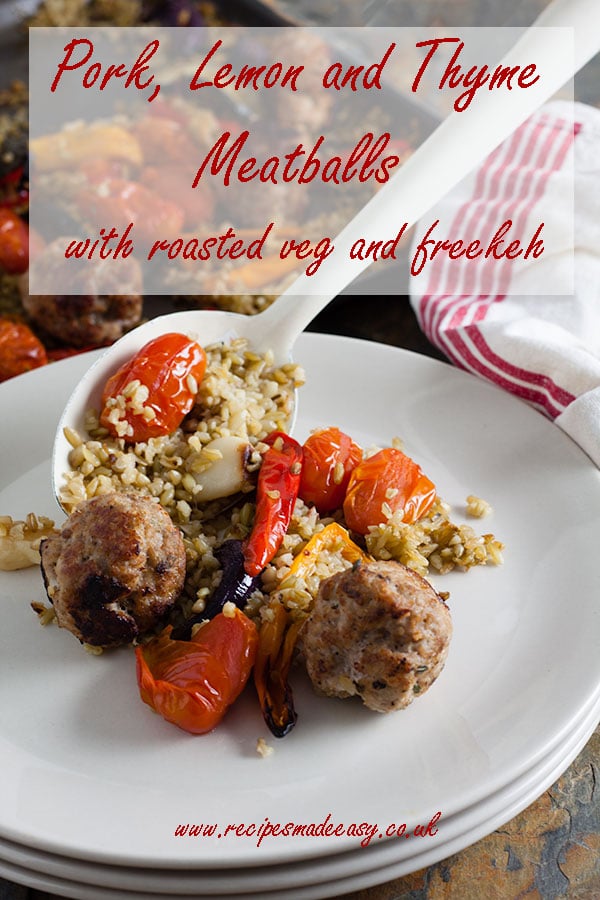 serving of pork meatballs with roasted veg and freekeh