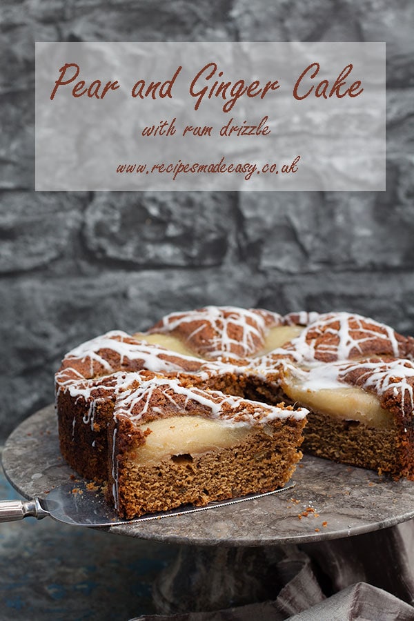 pear and ginger cake with slice being removed