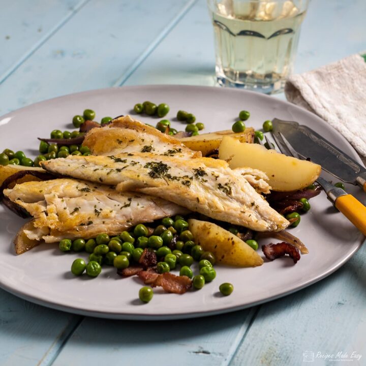 Sea bass with peas, bacon and potatoes Recipes Made Easy