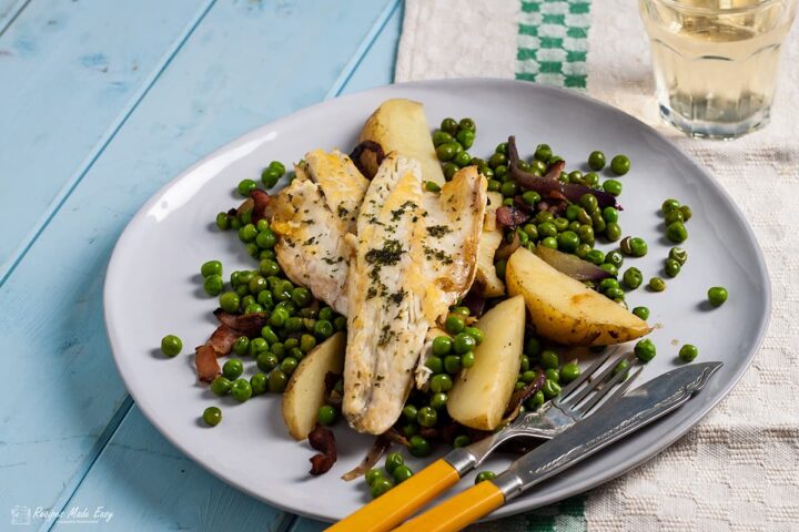 Sea bass with peas, bacon and potatoes | Recipes Made Easy