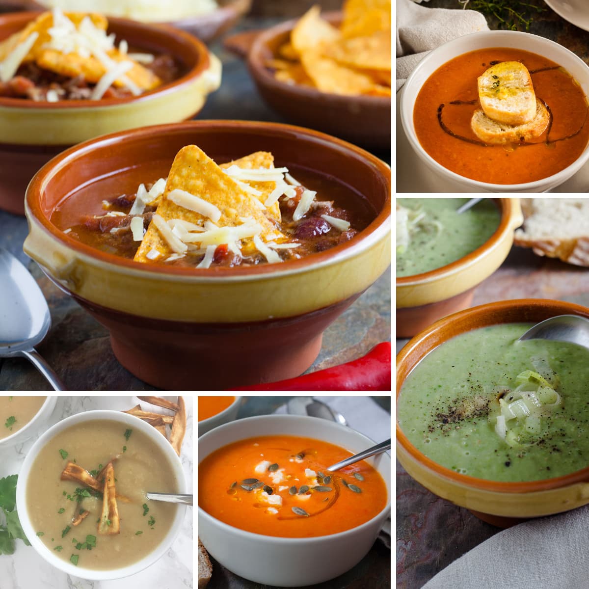 collage of 5 different soups: spicy mexican soup; roasted tomato soup: leek, spinach and cannelloni bean soup; roasted parsnip soup and Roasted red ppper and butternut squash soup.