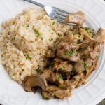 Plate of easy beef stroganoff with rice