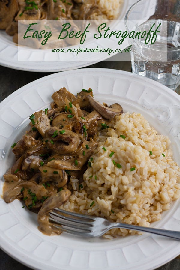 plate of beef stroganoff served with rice