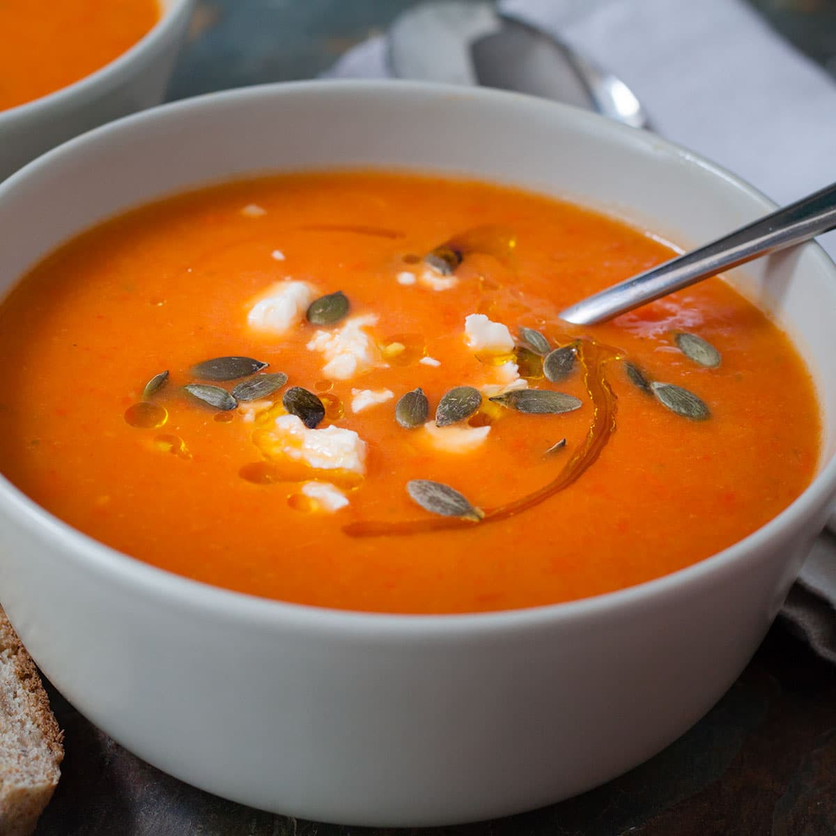 bowl of Roasted Butternut and Red Pepper Soup.