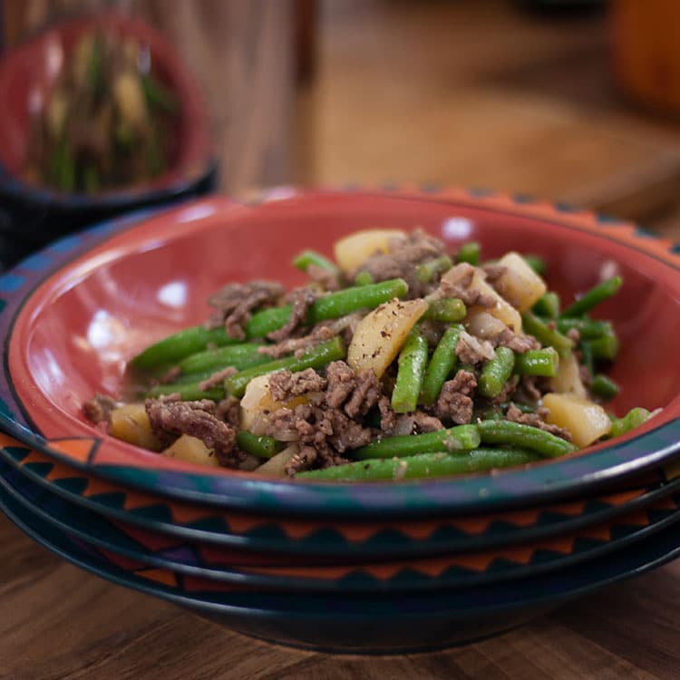 bowl of savoury mince and green beans