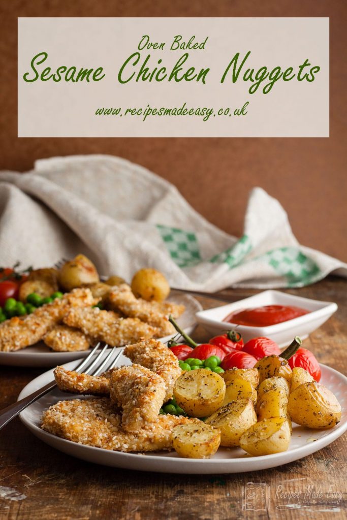 two plates of oven baked sesame chicken nuggets