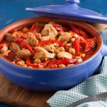 oven dish with chicken, chickpea and red peppers casserole