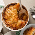 lentil and potato hotpot with portion removed