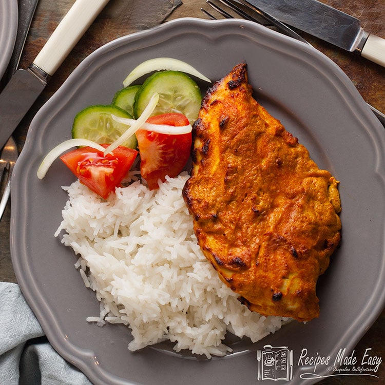 easy chicken tandoori served with rice and side salad