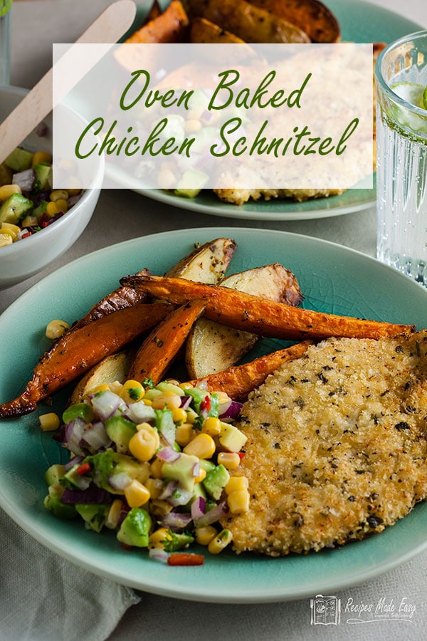 Serving of ovenbaked chicken schnitzel.