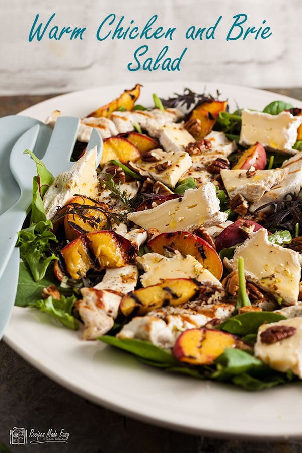 serving platter of warm chicken and brie salad with griddled peaches