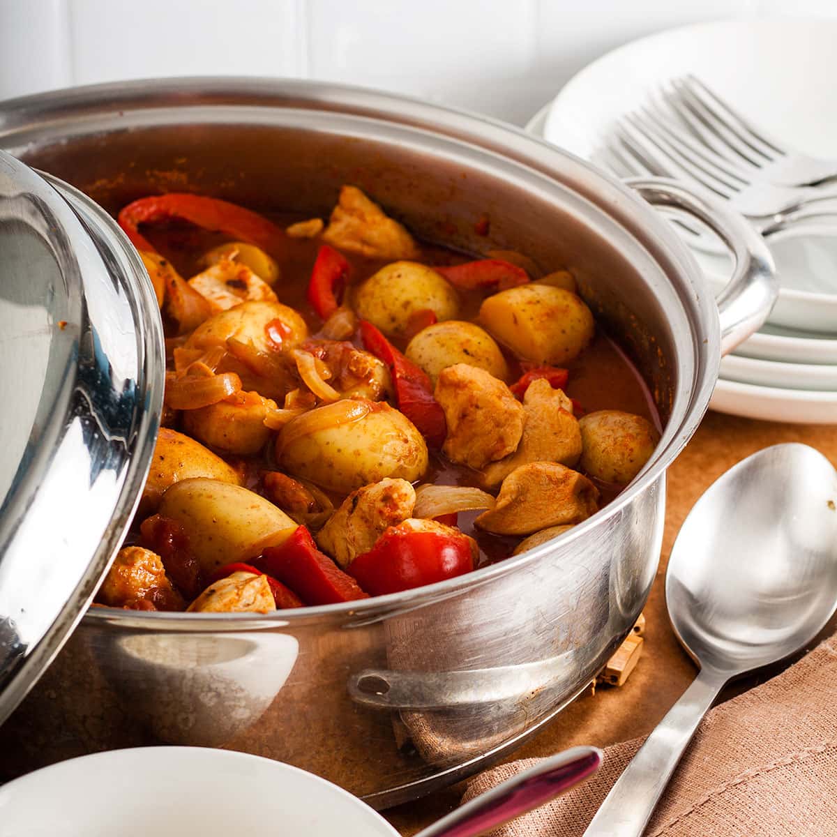 chicken and potato goulash in a casserole dish.