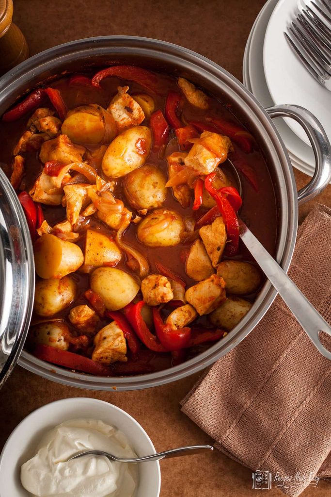 chicken and potato goulash in a casserole