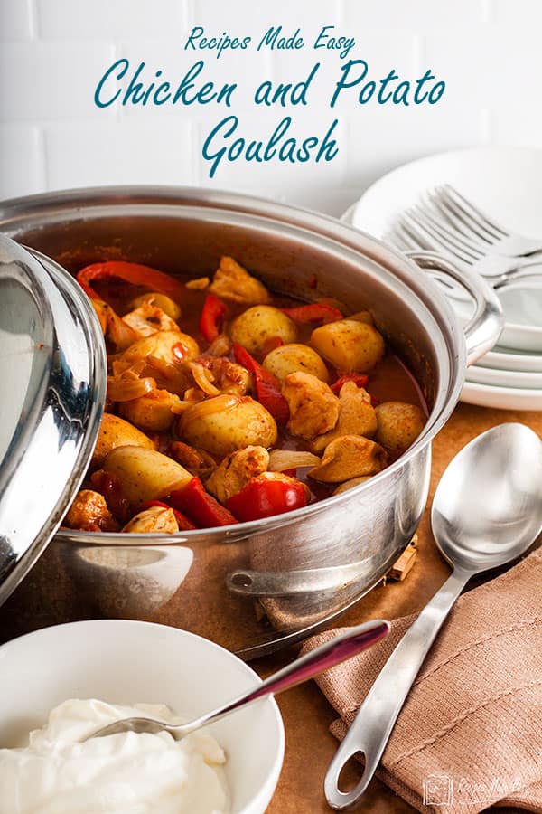 chicken and potatao goulash in a casserole pot.