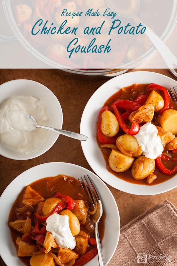 chicken and potato goulash in serving bowls