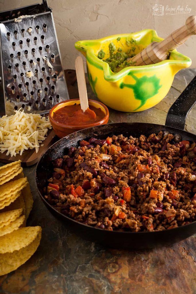 spicy beef taco mix in frying pan.