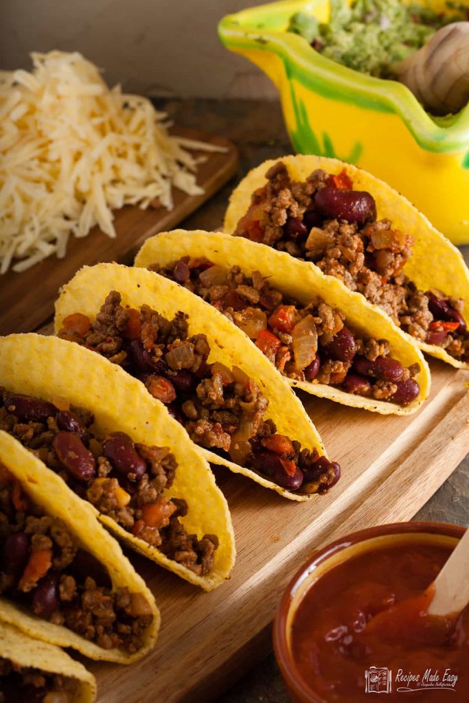 taco shells filled with spicy beef.
