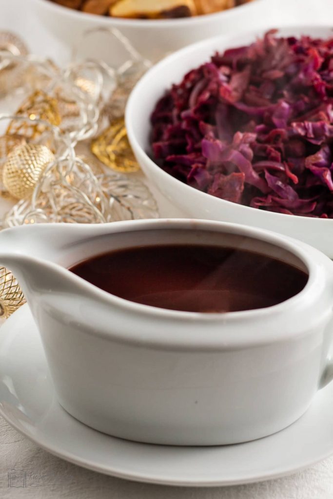 gravy boat with red wine jus.