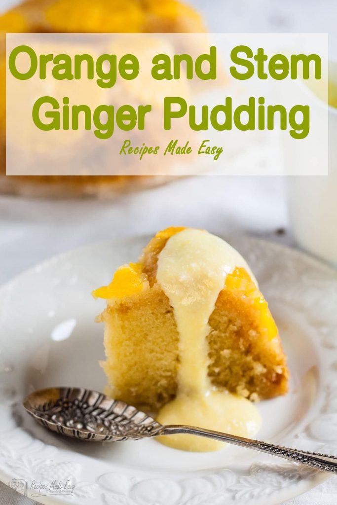 slice of orange and stem ginger pudding on a plate with orange foam sauce poured over it.