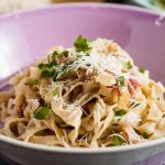 bowl of easy cheesy garlic and herb pasta.